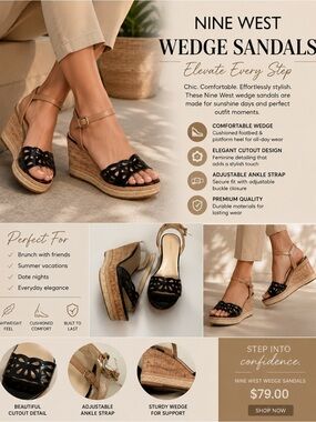 Nine West Black and Tan Cutout Wedge Sandals size 7.5